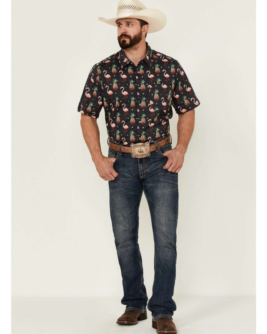 Shirts * | Discount Scully Men'S Pineapples & Flamingos All-Over Print Short Sleeve Button-Down Western Shirt