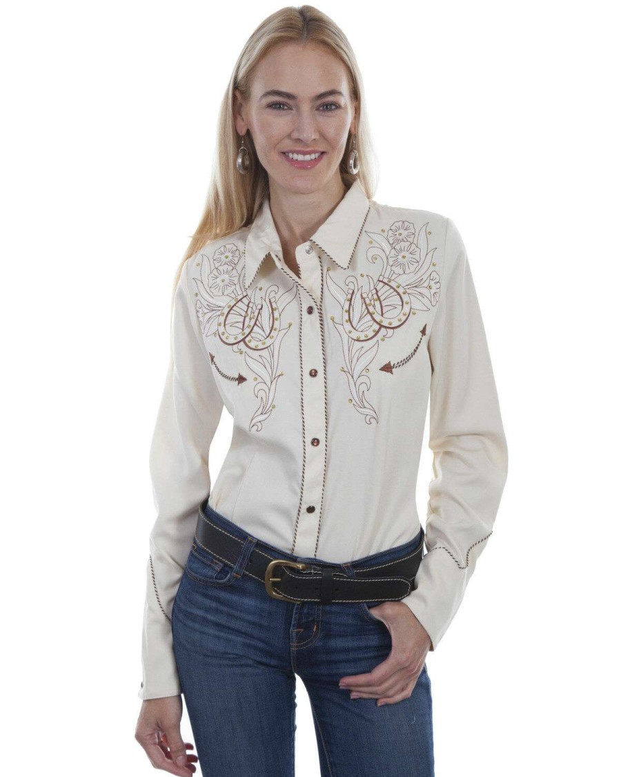 Shirts * | Outlet Western Scully Women'S Cream Horseshoe Long Sleeve Western Shirt