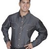 Shirts * | Outlet Scully Men'S Solid Whipstitch Denim Retro Long Sleeve Western Shirt