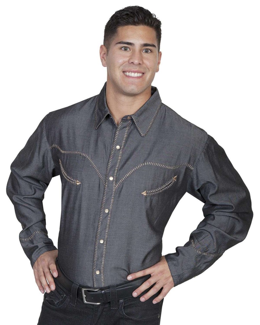 Shirts * | Outlet Scully Men'S Solid Whipstitch Denim Retro Long Sleeve Western Shirt