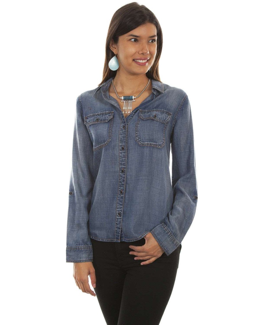 Blouse * | Scully Sale Honey Creek By Sully Women'S Denim Hi-Low Lace-Up Blouse