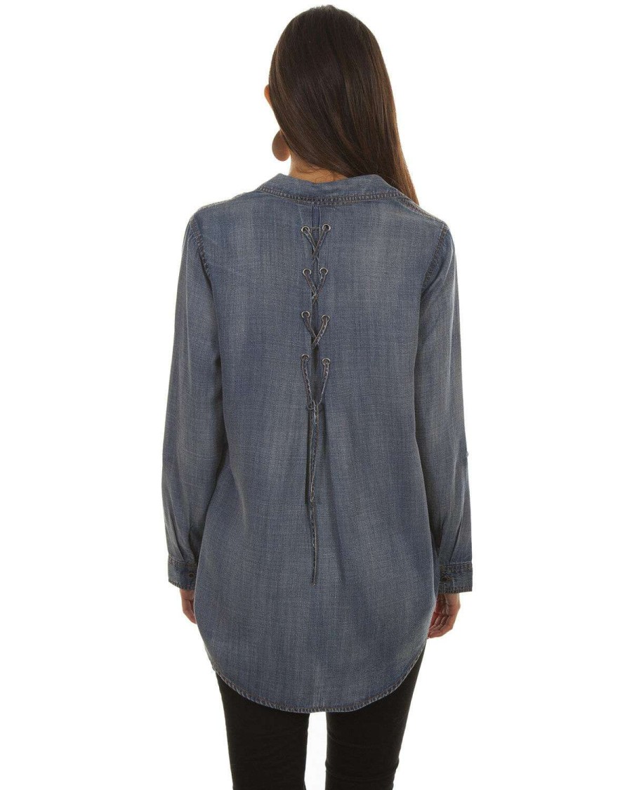 Blouse * | Scully Sale Honey Creek By Sully Women'S Denim Hi-Low Lace-Up Blouse