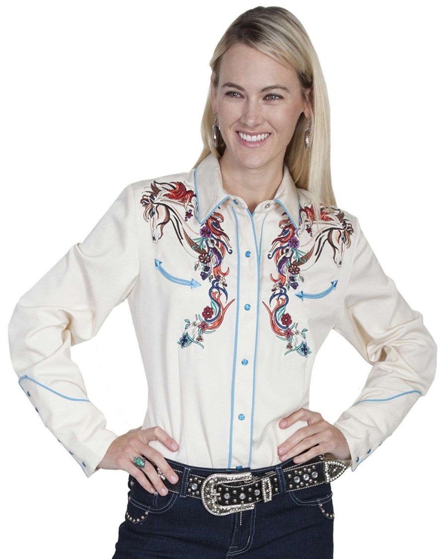 Shirts * | Discount Scully Women'S Colorful Horse Embroidered Long Sleeve Shirt