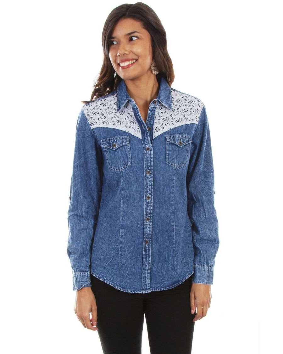 Tops * | Sale Honey Creek By Scully Women'S Denim Lace Long Sleeve Western Top