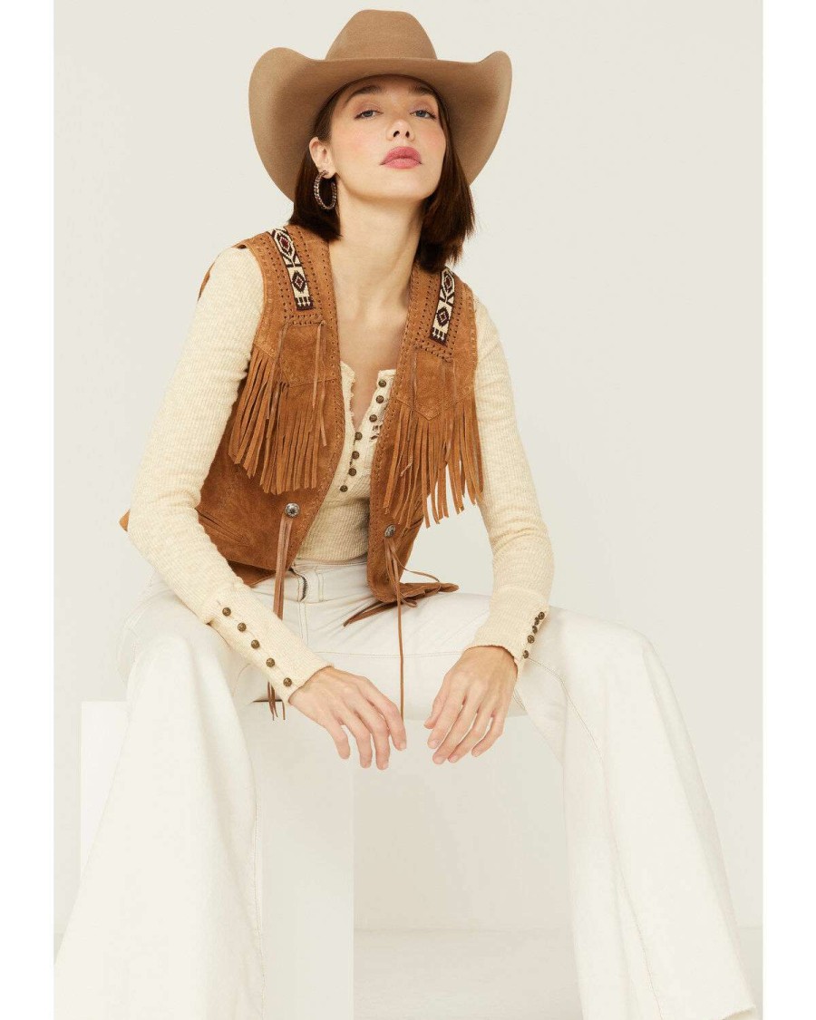 Vest * | Discount Leatherwear By Scully Women'S Boar Suede Beaded Fringe Vest