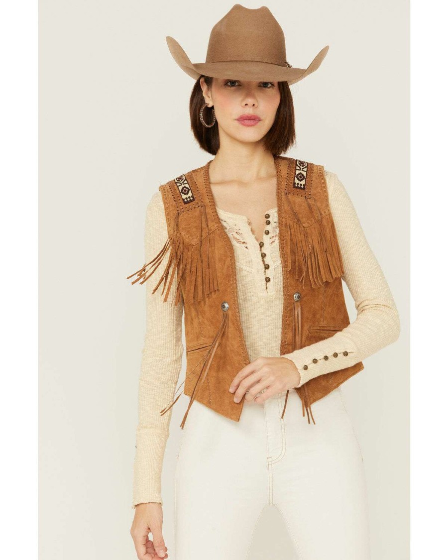 Vest * | Discount Leatherwear By Scully Women'S Boar Suede Beaded Fringe Vest