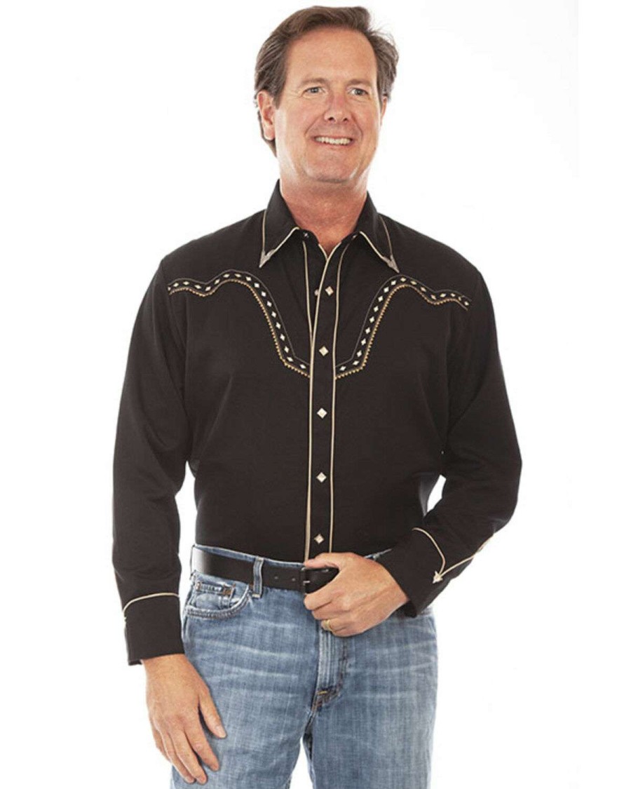 Shirts * | Limited Edition Scully Men'S Black Diamond Embroidered Long Sleeve Western Shirt