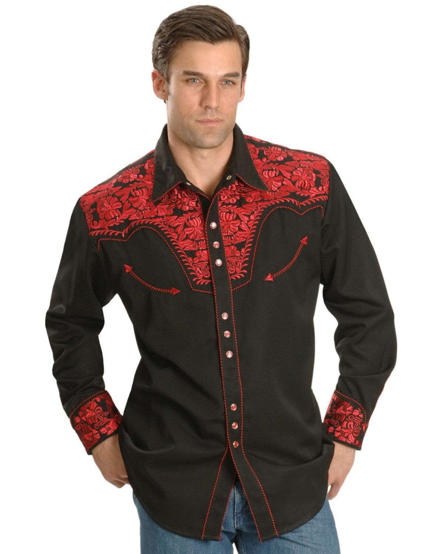 Shirts * | Online Scully Men'S Crimson Floral Embroidery Retro Long Sleeve Western Shirt