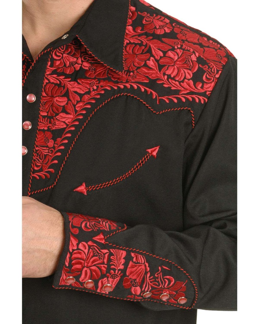 Shirts * | Online Scully Men'S Crimson Floral Embroidery Retro Long Sleeve Western Shirt