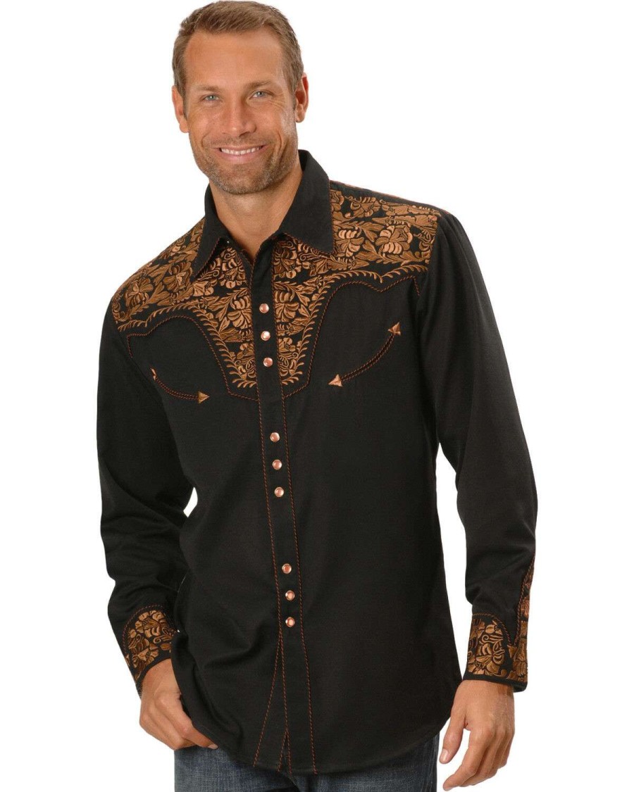 Shirts * | Outlet Scully Men'S Copper Embroidered Gunfighter Long Sleeve Snap Western Shirt