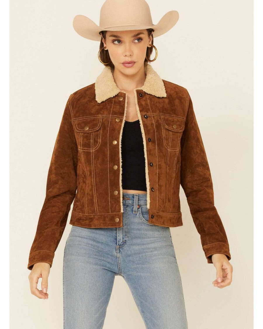 Jackets * | Sale Scully Women'S Brown Sherpa Lined Snap Front Trucker Jacket