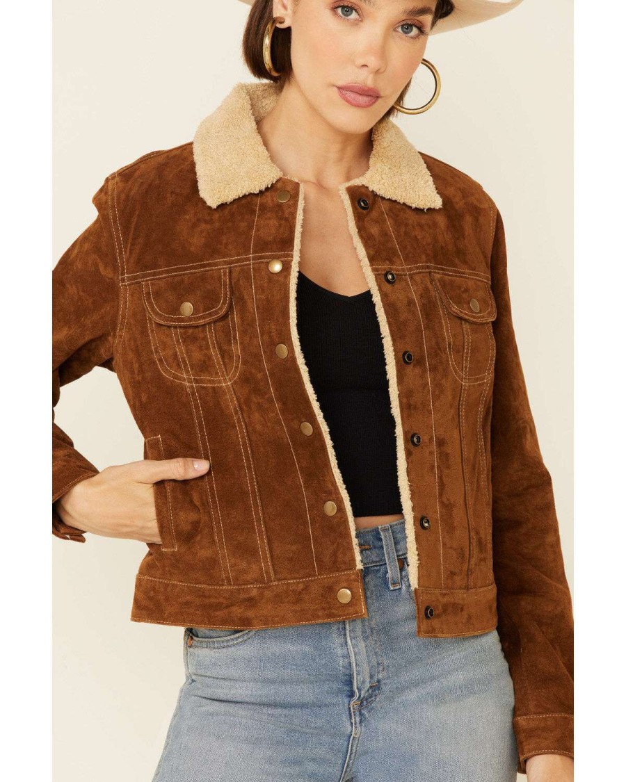 Jackets * | Sale Scully Women'S Brown Sherpa Lined Snap Front Trucker Jacket