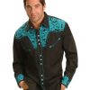 Shirts * | Sale Scully Men'S Turquoise Gunfighter Embroidered Long Sleeve Western Shirt