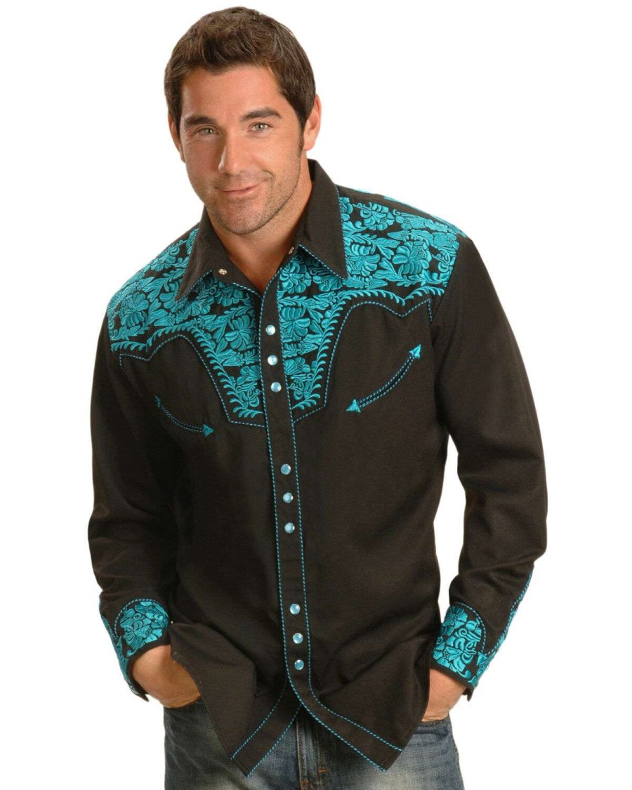 Shirts * | Sale Scully Men'S Turquoise Gunfighter Embroidered Long Sleeve Western Shirt