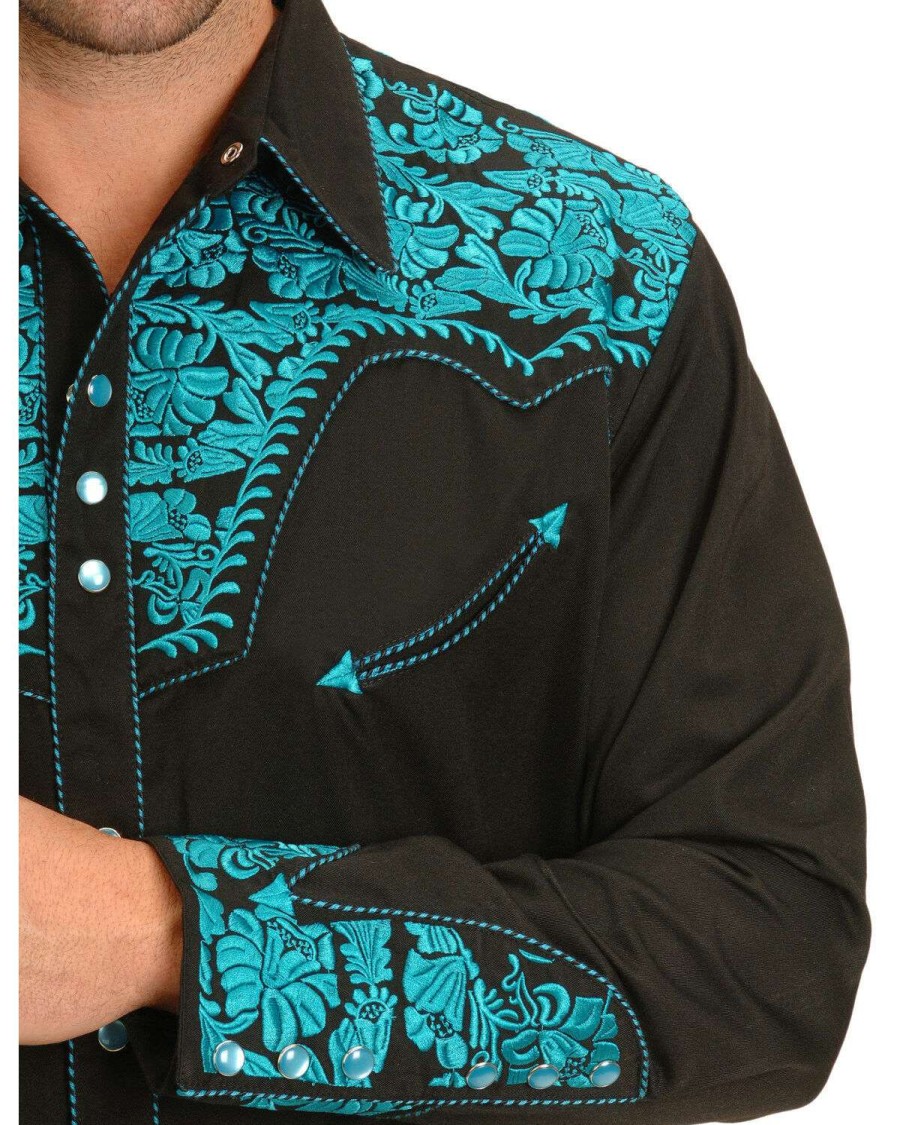 Shirts * | Sale Scully Men'S Turquoise Gunfighter Embroidered Long Sleeve Western Shirt