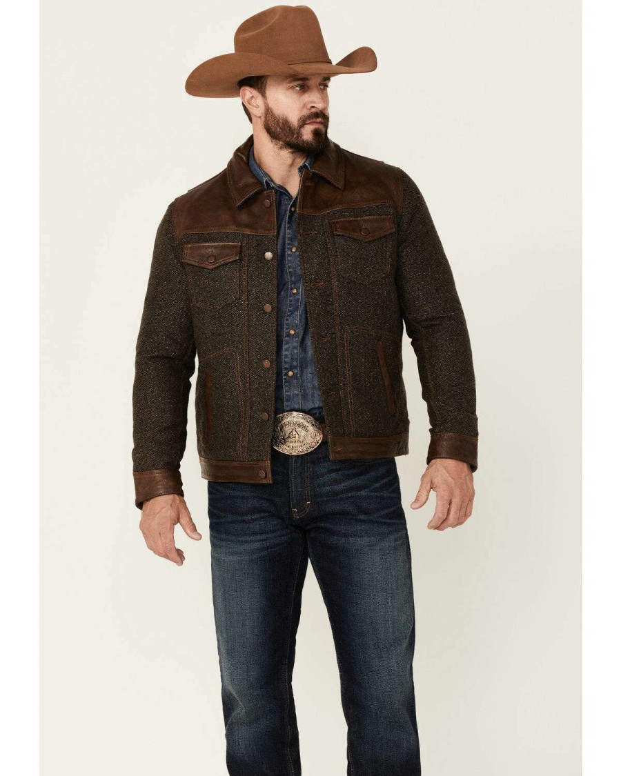 Jackets * | Outlet Scully Men'S Vintage Brown Herringbone Leather Trim Button-Front Jacket