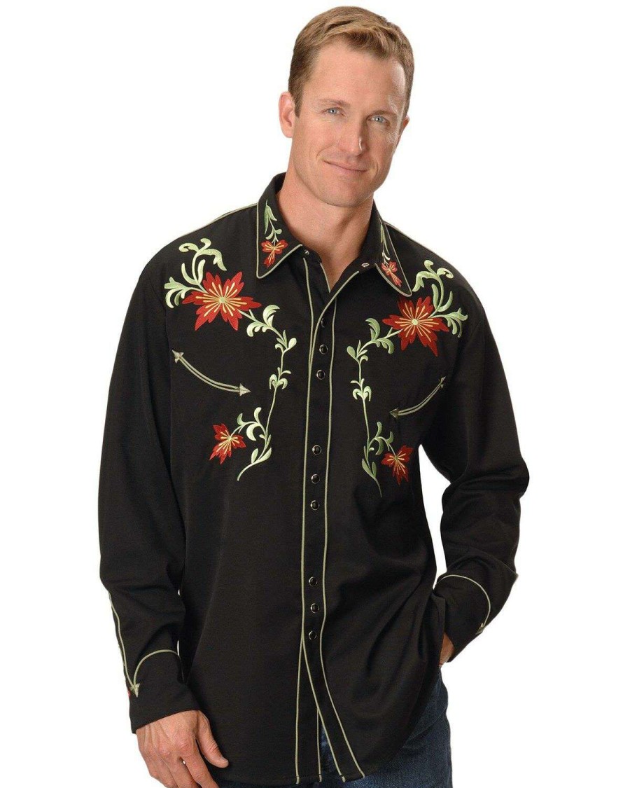 Shirts * | Limited Edition Scully Men'S Floral Embroidered Vintage Long Sleeve Western Shirt