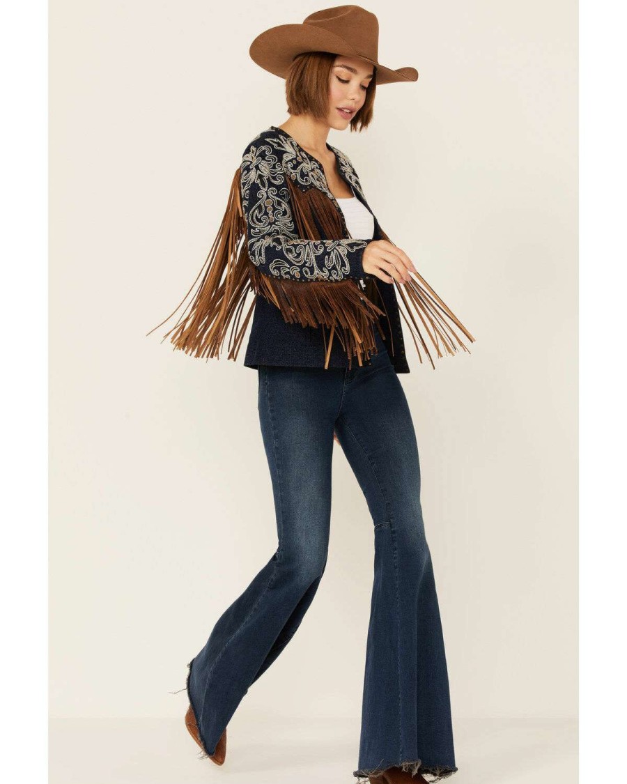 Jackets * | Outlet Scully Women'S Demin Embroidered Floral & Beaded Stud Fringe Leather Jacket