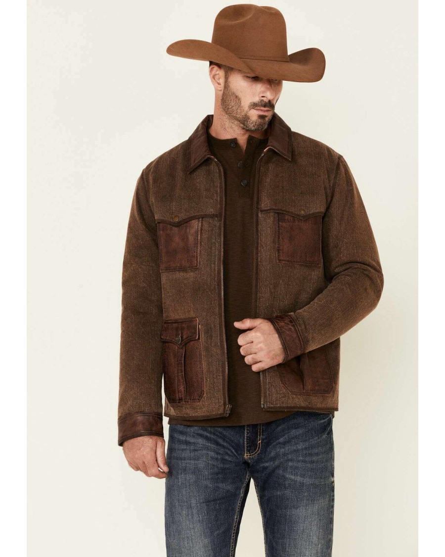 Jackets * | Sale Scully Men'S Brown Canvas Leather Trim Zip-Front Jacket