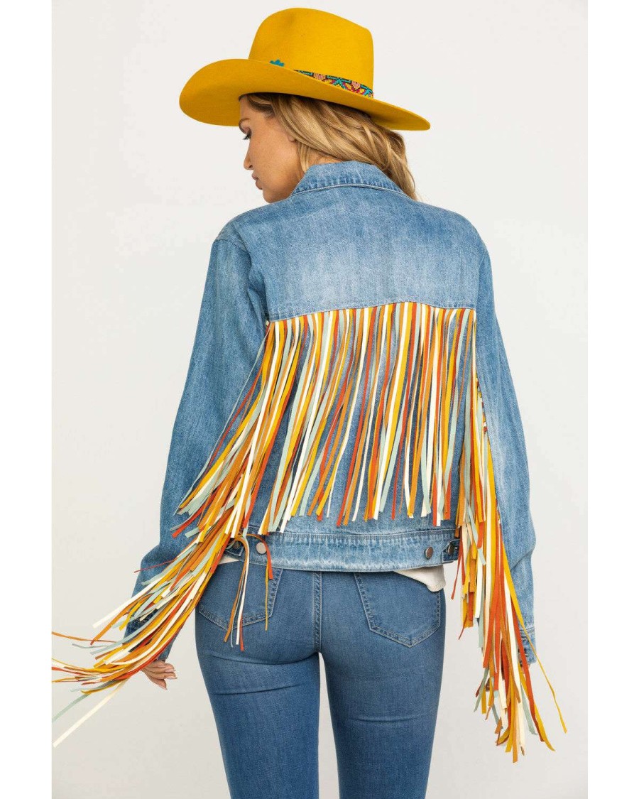 Jackets * | Discount Honey Creek By Scully Women'S Colorful Fringe Denim Jacket