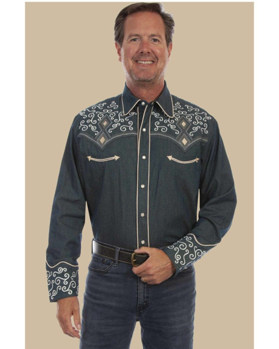 Shirts * | Outlet Scully Men'S Denim Scroll Embroidered Long Sleeve Snap Western Shirt