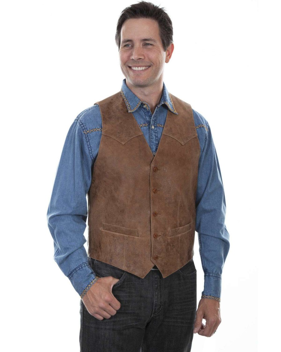 Vest * | Discount Scully Men'S Vintage Leather Brown Western Vest