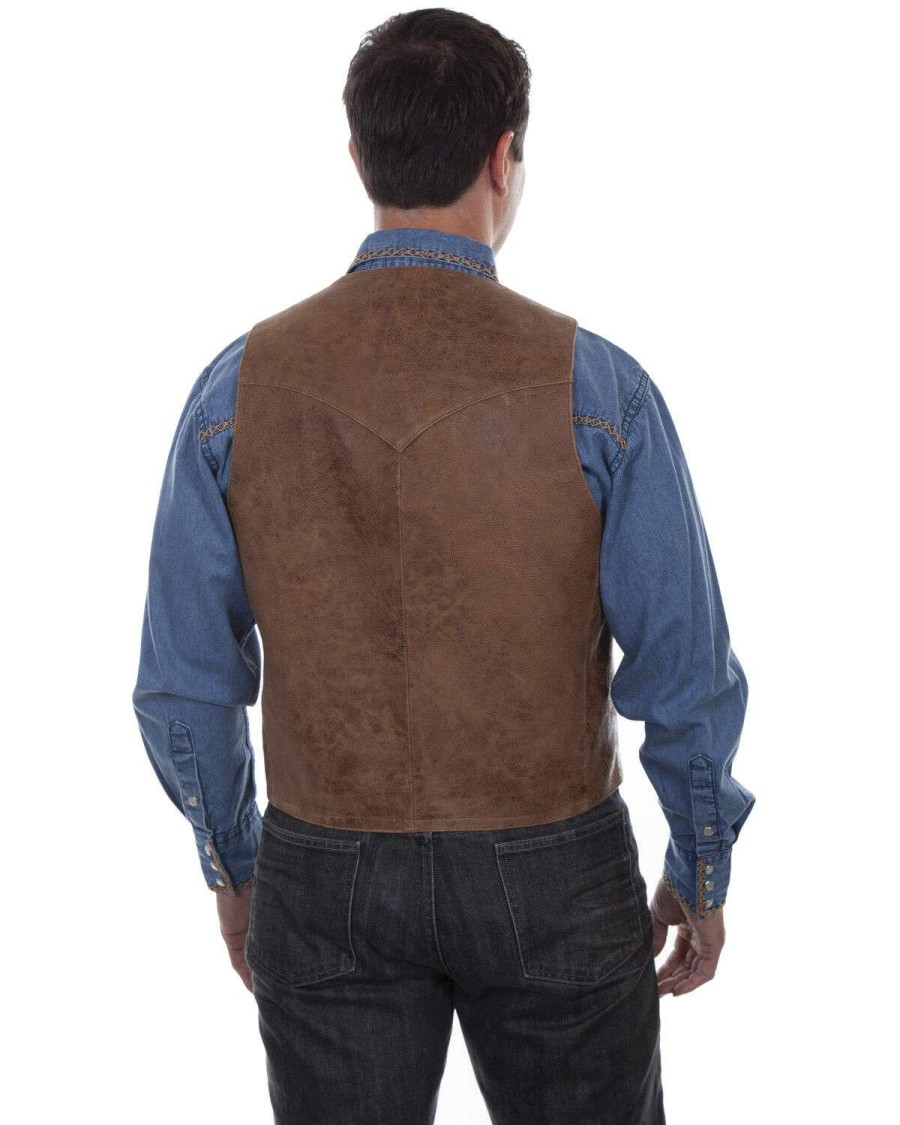 Vest * | Discount Scully Men'S Vintage Leather Brown Western Vest