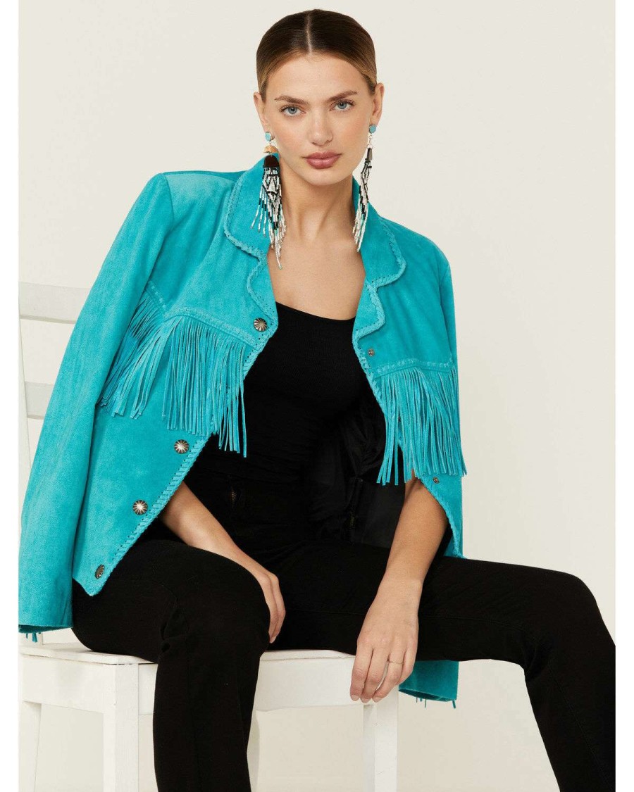 Jackets * | Online Scully Women'S Turquoise Suede Fringe Jacket