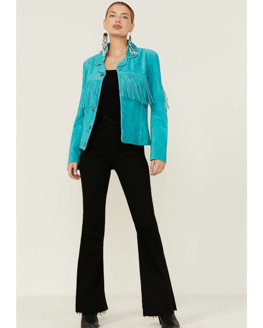 Jackets * | Online Scully Women'S Turquoise Suede Fringe Jacket