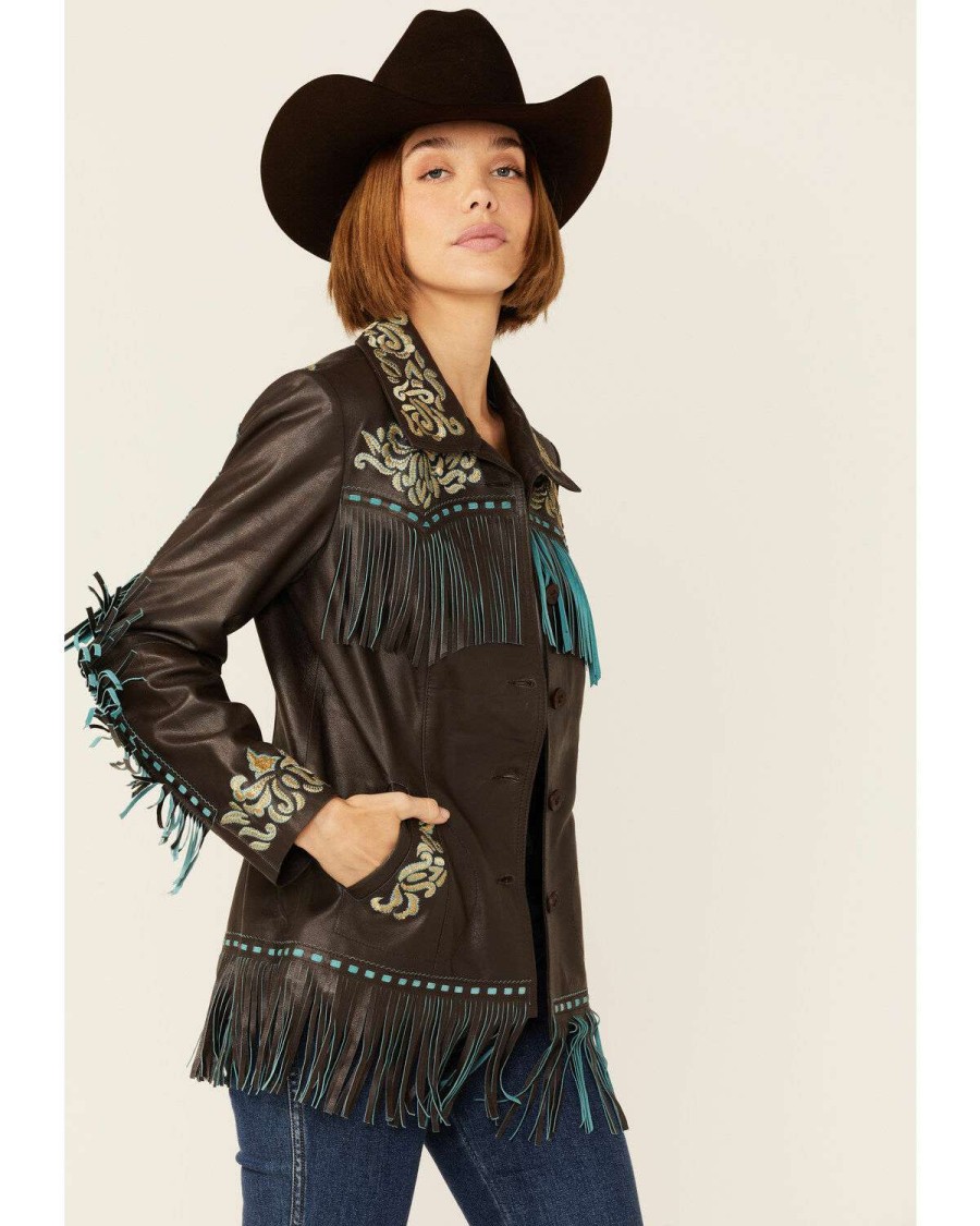 Jackets * | Outlet Scully Women'S Brown & Turquoise Embroidered Yoke & Fringe Suede Leather Jacket