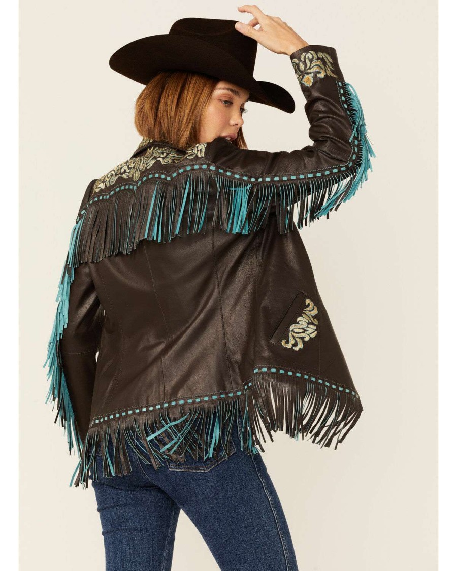 Jackets * | Outlet Scully Women'S Brown & Turquoise Embroidered Yoke & Fringe Suede Leather Jacket