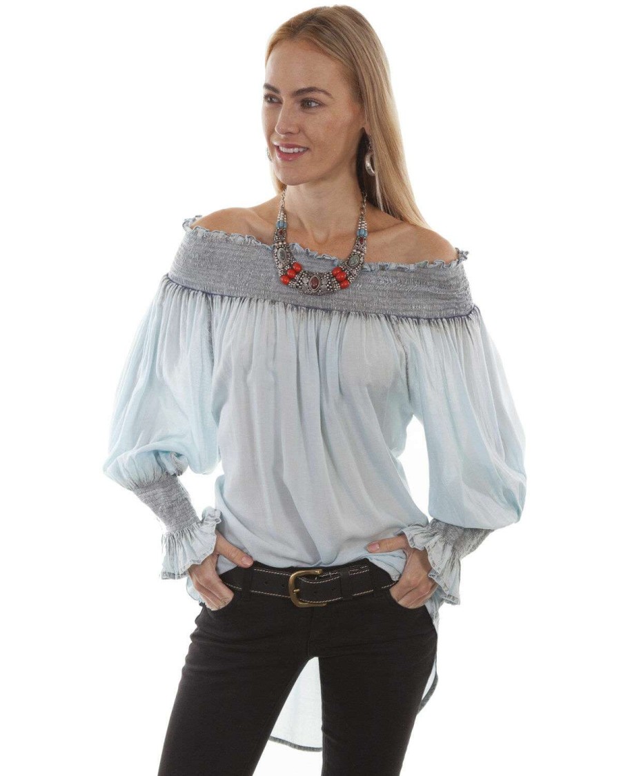 Tops * | Online Honey Creek By Scully Women'S Blue Off The Shoulder Long Sleeve Smocked Top