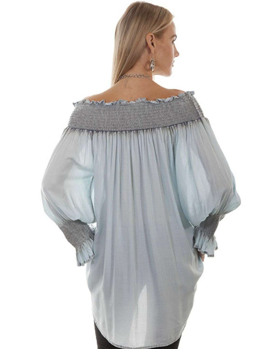 Tops * | Online Honey Creek By Scully Women'S Blue Off The Shoulder Long Sleeve Smocked Top