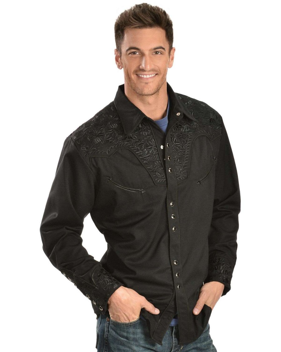 Shirts * | Outlet Scully Men'S Black Floral Embroidered Retro Long Sleeve Western Shirt