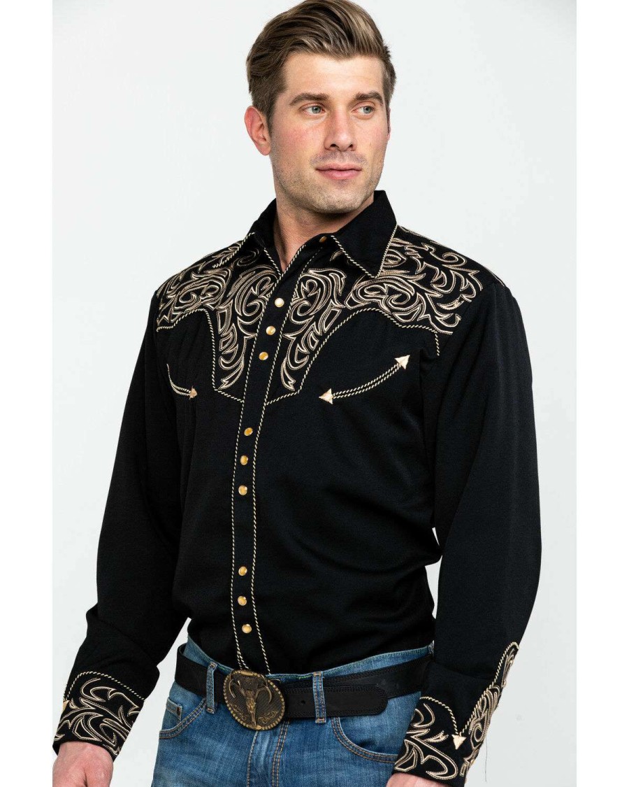 Shirts * | Online Scully Men'S Black Embroidered Scroll Long Sleeve Western Shirt