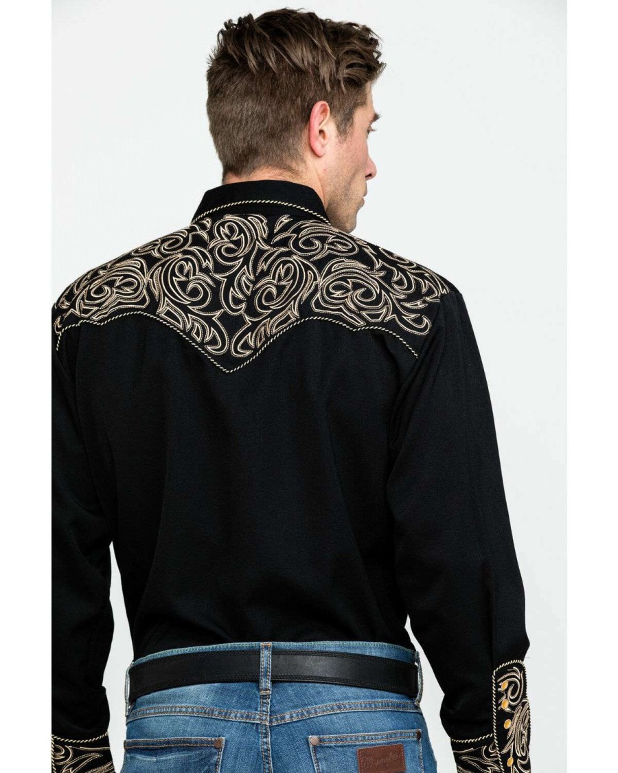 Shirts * | Online Scully Men'S Black Embroidered Scroll Long Sleeve Western Shirt