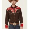 Shirts * | Discount Scully Men'S Boot Stitch Embroidered Chocolate & Red Long Sleeve Snap Western Shirt