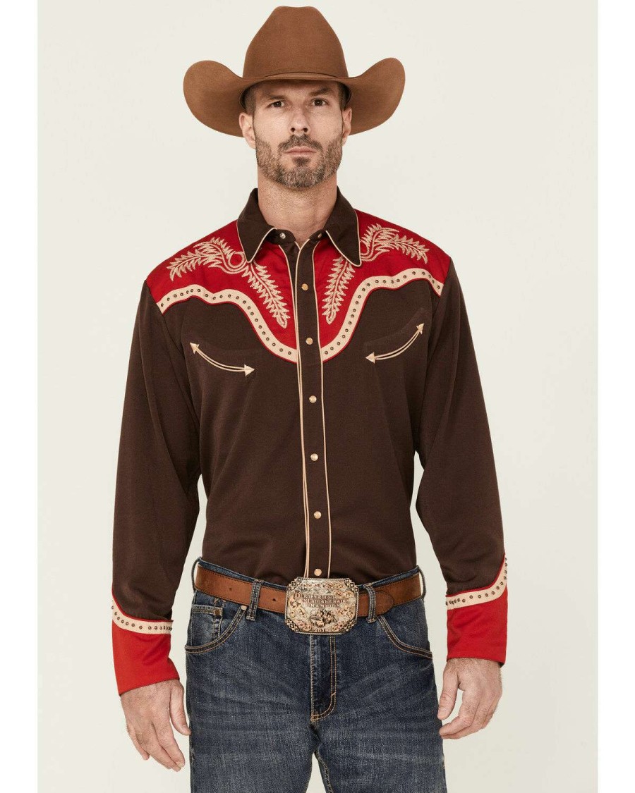 Shirts * | Discount Scully Men'S Boot Stitch Embroidered Chocolate & Red Long Sleeve Snap Western Shirt