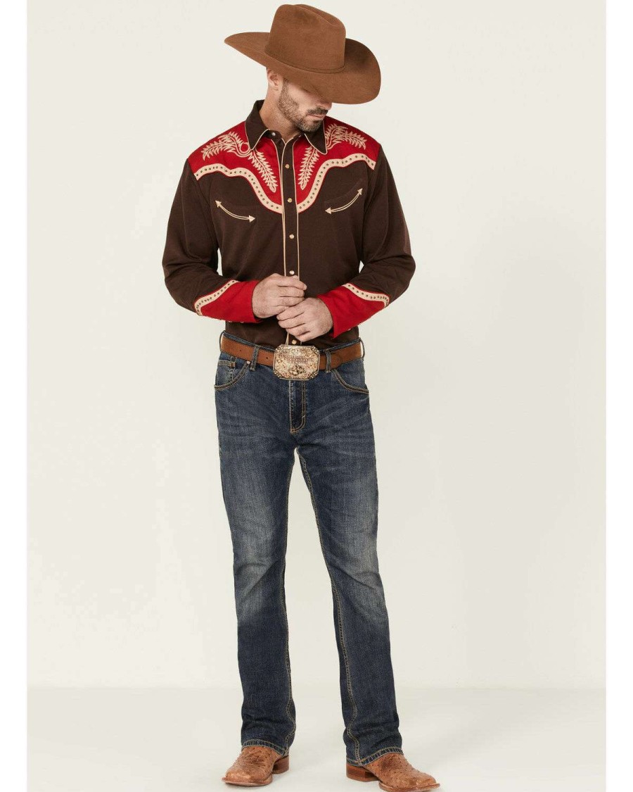 Shirts * | Discount Scully Men'S Boot Stitch Embroidered Chocolate & Red Long Sleeve Snap Western Shirt