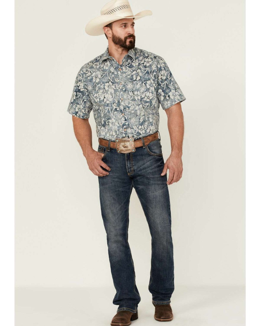 Shirts * | Online Scully Men'S Floral Teal Print Short Sleeve Button-Down Western Shirt