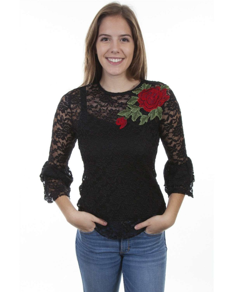 Tops * | Limited Edition Honey Creek By Scully Women'S Rose Applique Long Sleeve Lace Top