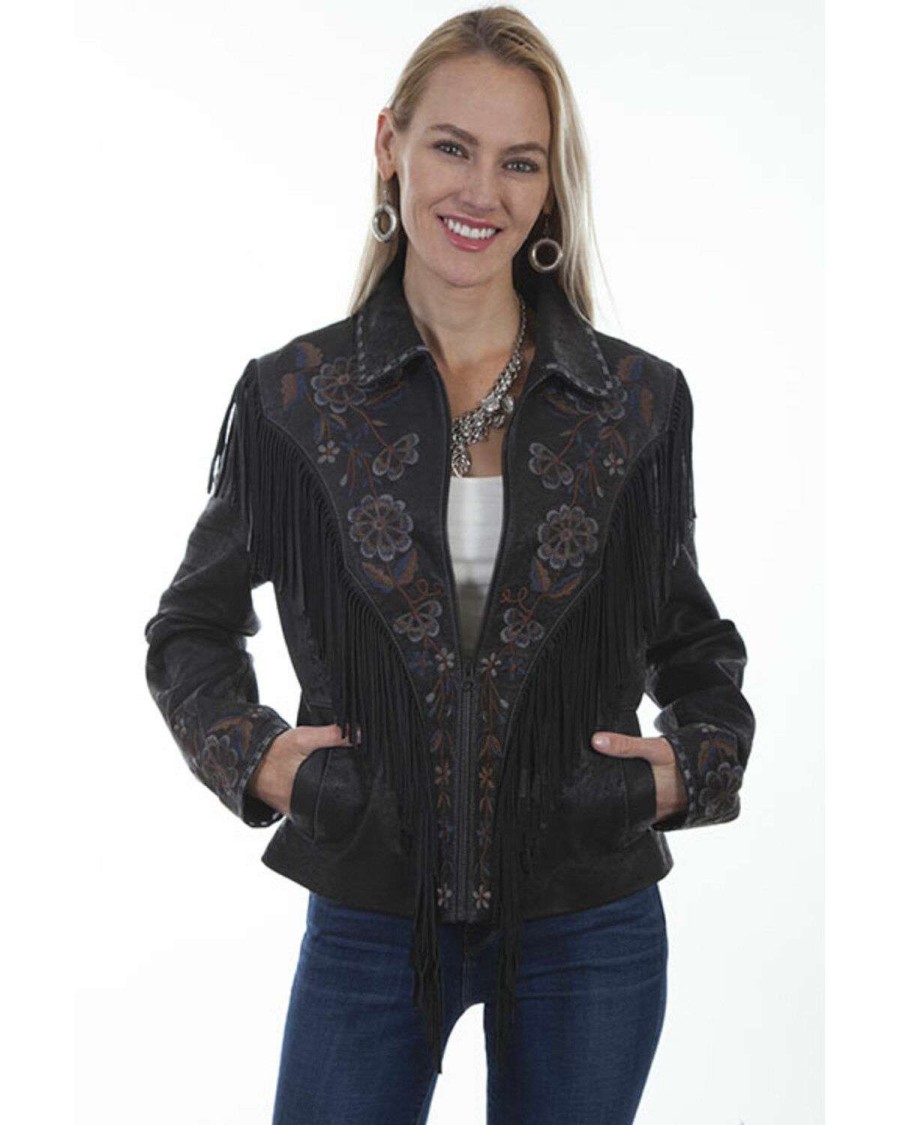 Jackets * | Online Leatherwear By Scully Women'S Vintage Black Embroidered Fringe Jacket