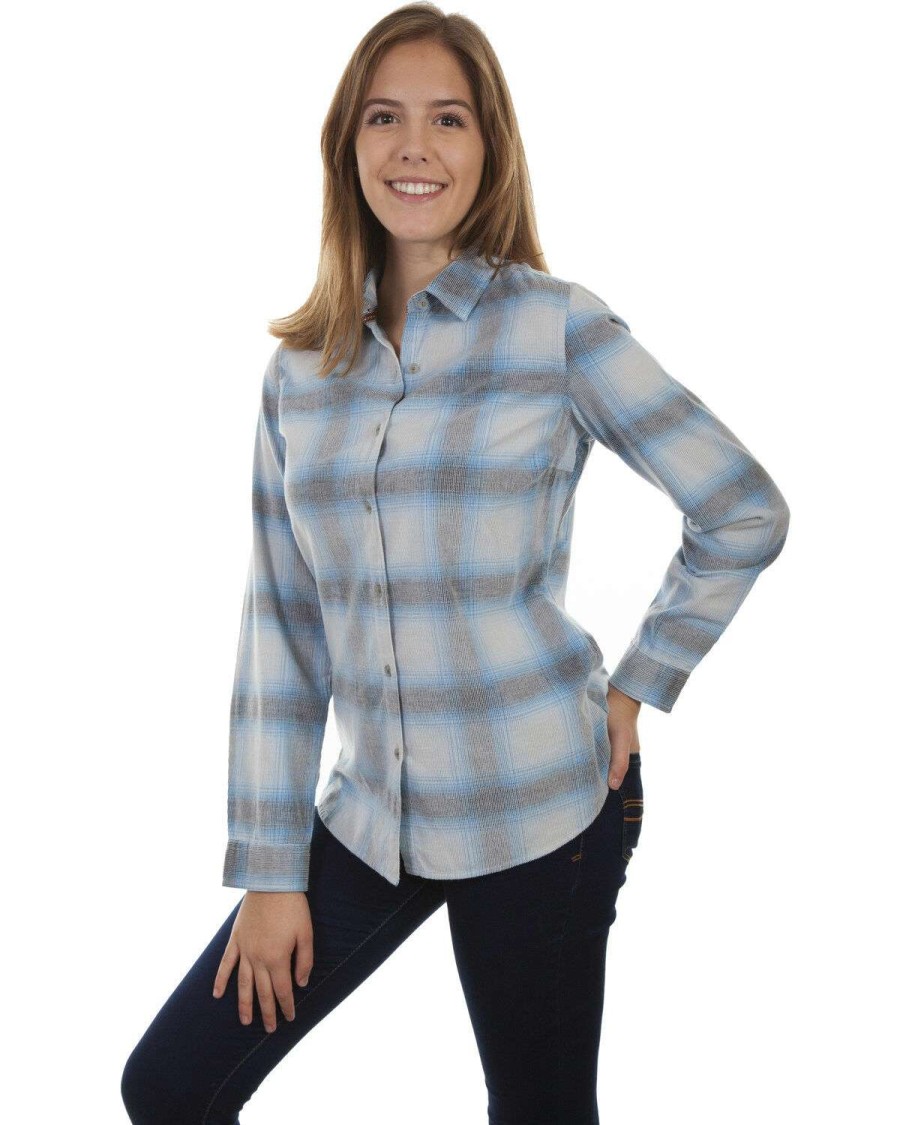 Tops * | Online Honey Creek By Scully Women'S Blue Corduroy Plaid Long Sleeve Top