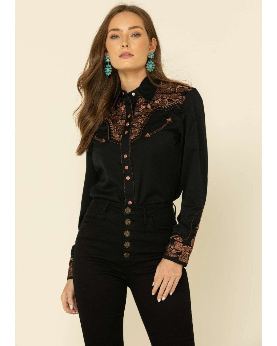 Shirts * | Online Scully Women'S Floral Embroidered Long Sleeve Western Shirt