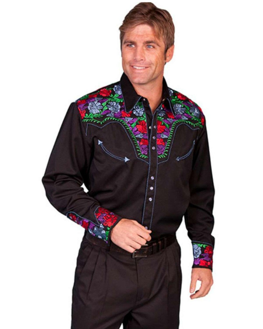 Shirts * | Limited Edition Scully Men'S Vibrant Floral Embroidered Retro Long Sleeve Western Shirt