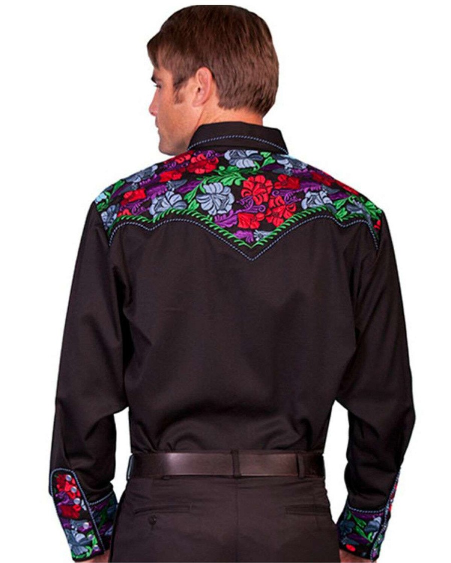 Shirts * | Limited Edition Scully Men'S Vibrant Floral Embroidered Retro Long Sleeve Western Shirt