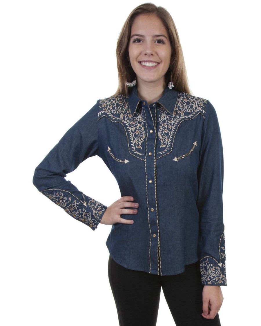 Shirts * | Discount Scully Women'S Vine Embroidered Long Sleeve Western Shirt