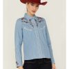 Shirts * | Discount Scully Women'S Chambray Floral Embroidered Yoke Snap Western Shirt