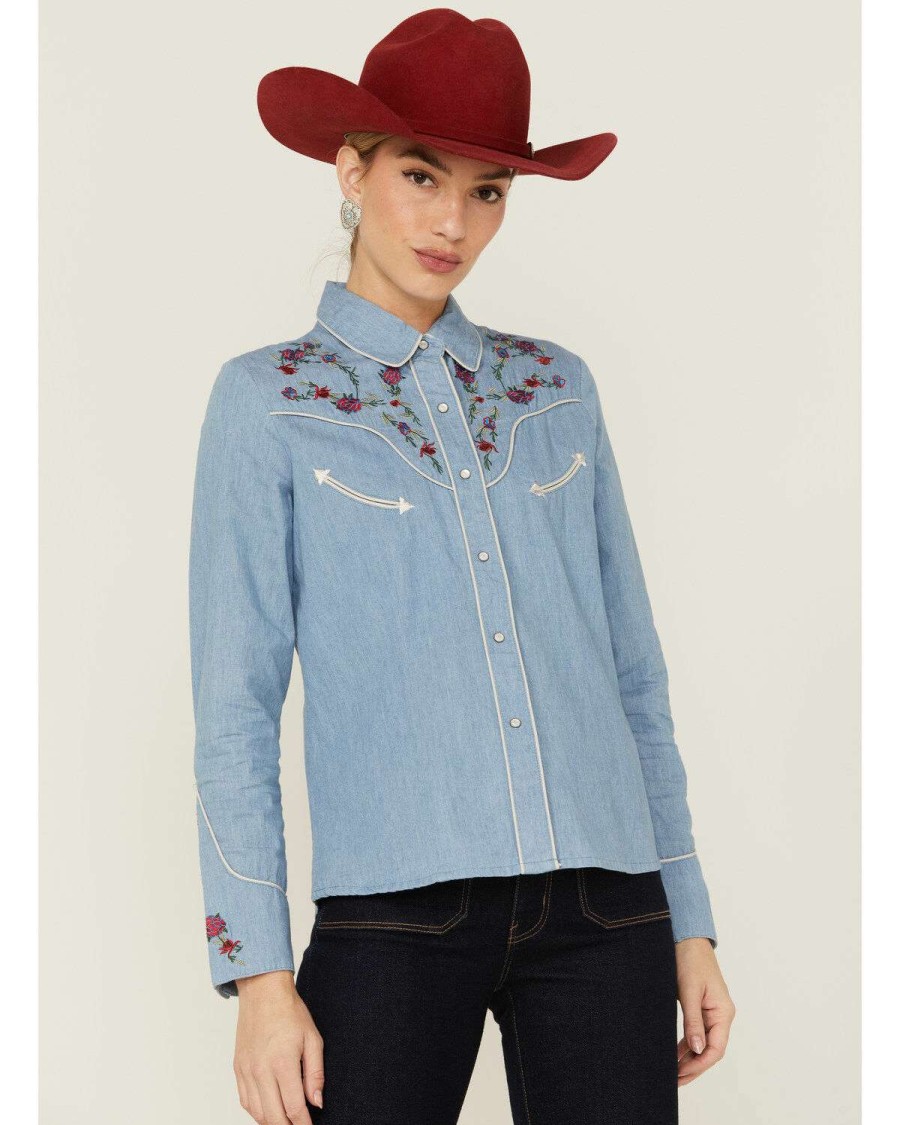 Shirts * | Discount Scully Women'S Chambray Floral Embroidered Yoke Snap Western Shirt