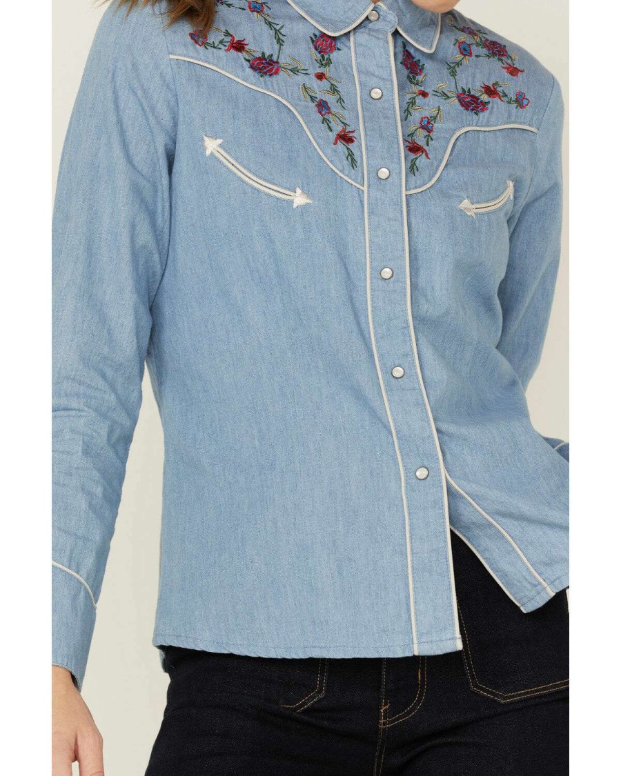 Shirts * | Discount Scully Women'S Chambray Floral Embroidered Yoke Snap Western Shirt